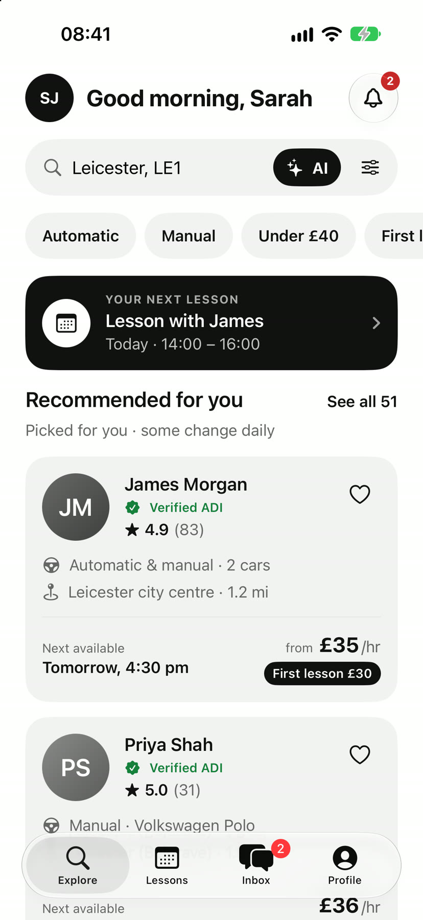 Sarah's Explore screen in La Novia: her next lesson with James today at 14:00, and recommended verified instructors near Leicester LE1.