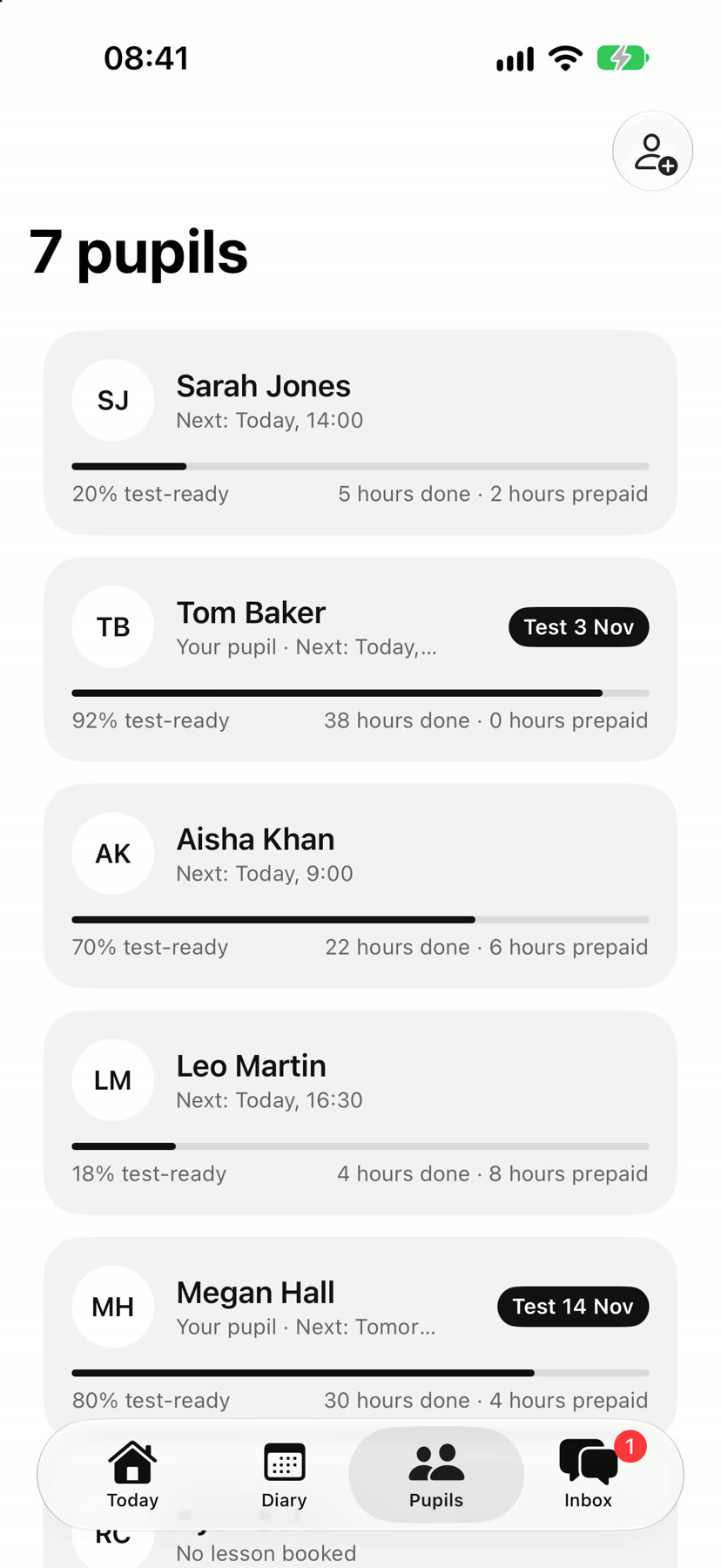 James's Pupils screen: each pupil's hours done, prepaid hours left and next lesson.